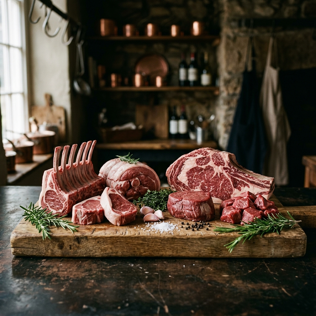Selection of premium fresh beef, lamb and pork cuts displayed on a wooden board