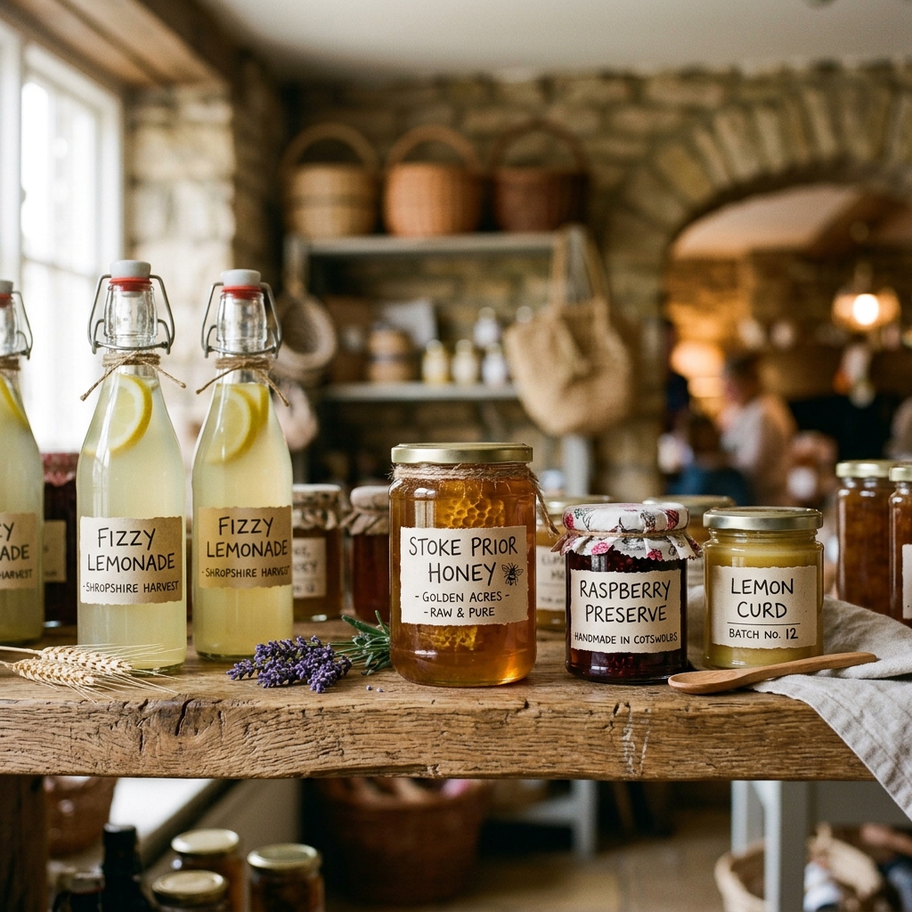 Selection of artisan honey jars, preserves and locally sourced produce