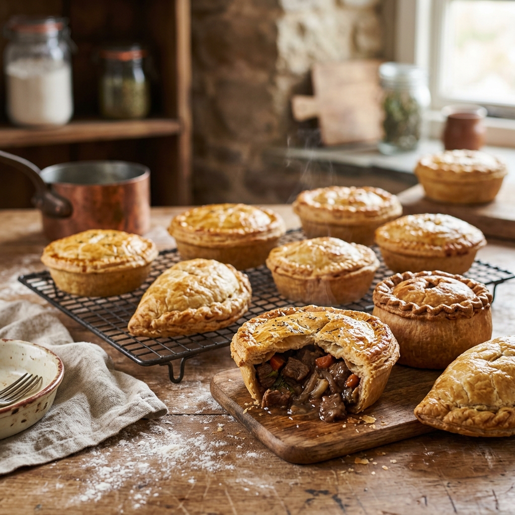 Freshly baked golden-crusted meat pies and savoury pastries