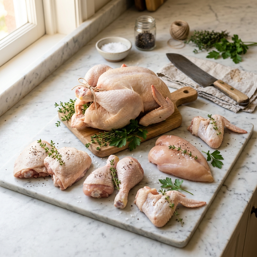 Free-range whole chickens and turkey portions