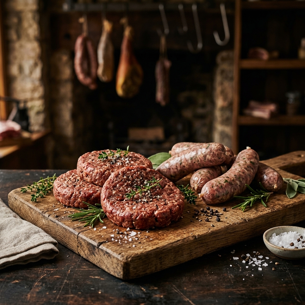 Handmade sausages and premium beef burger patties